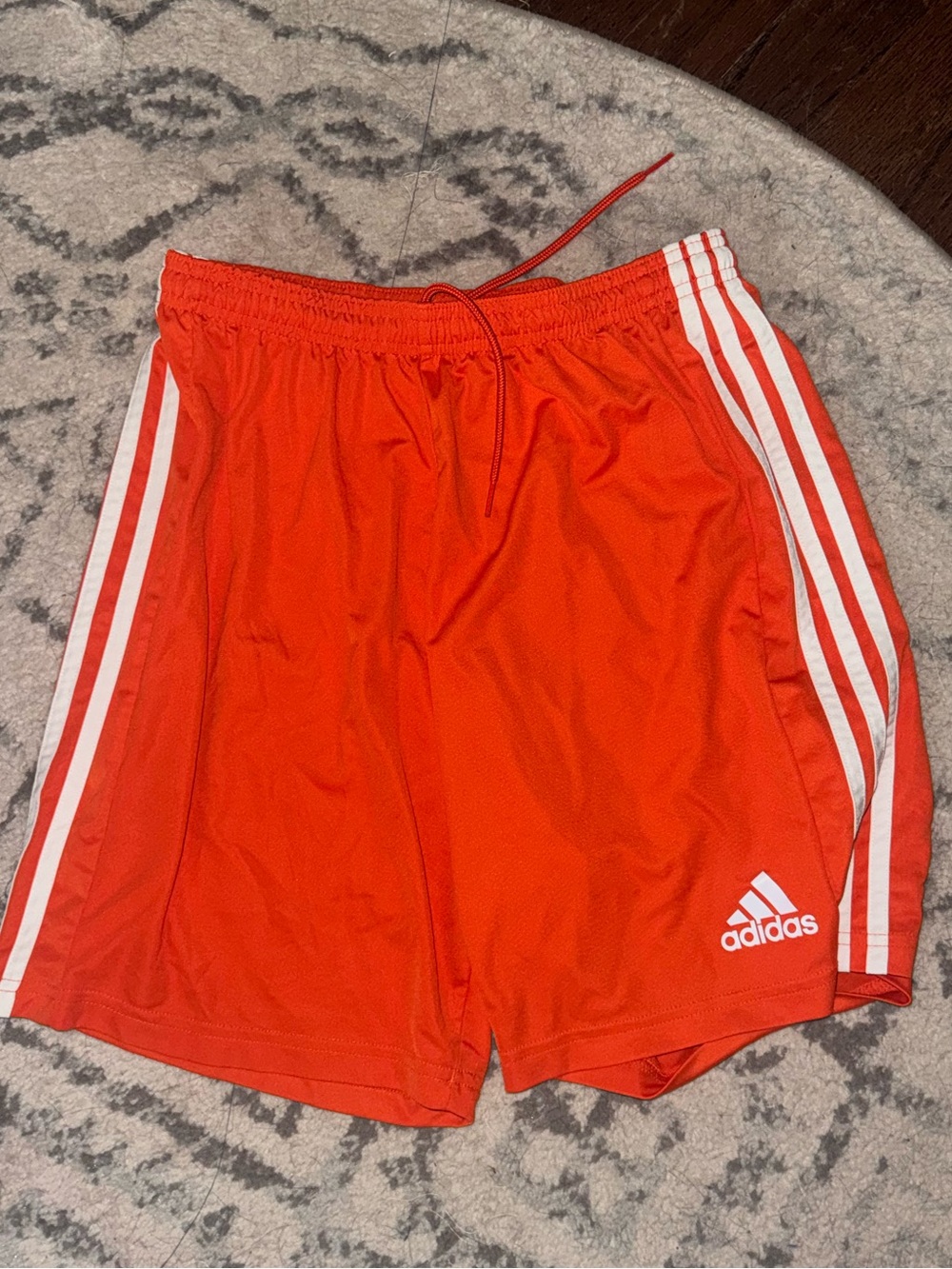 adidas Men’s Orange Athletic Shorts with White 3-Stripes